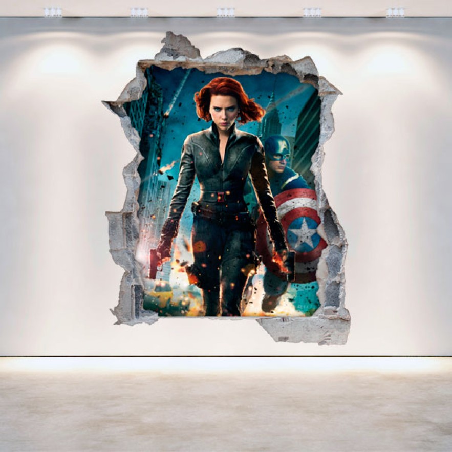 Vinilos 3d pared rota viuda negra y capitán américa